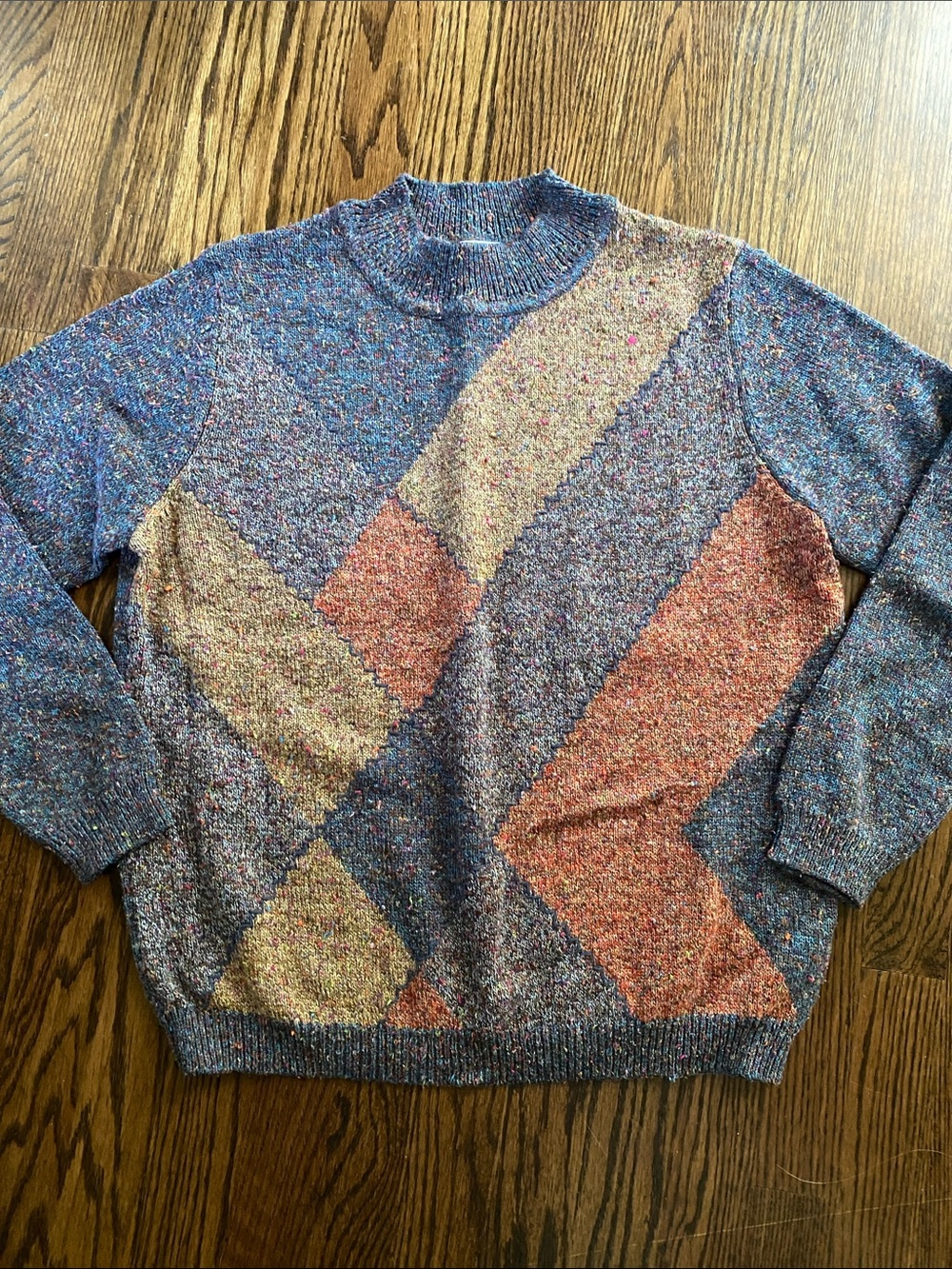 Vintage Alfred Dunner Blue Crewneck Sweater with Orange and Tan Chevron Blocks